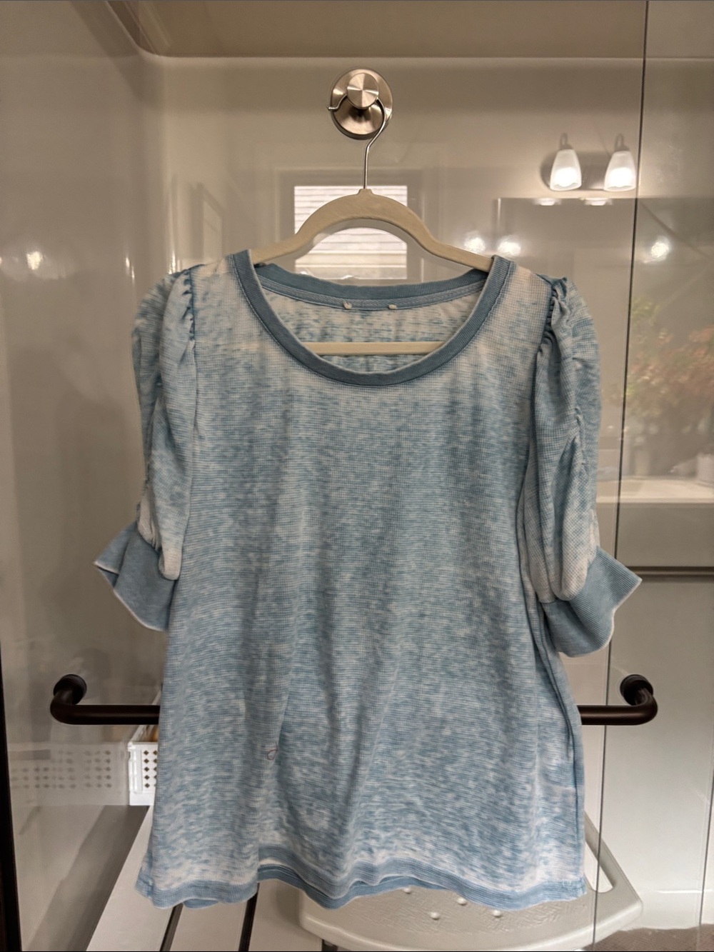 Light Blue Short Sleeve Women's Tee with Ruched Sleeves